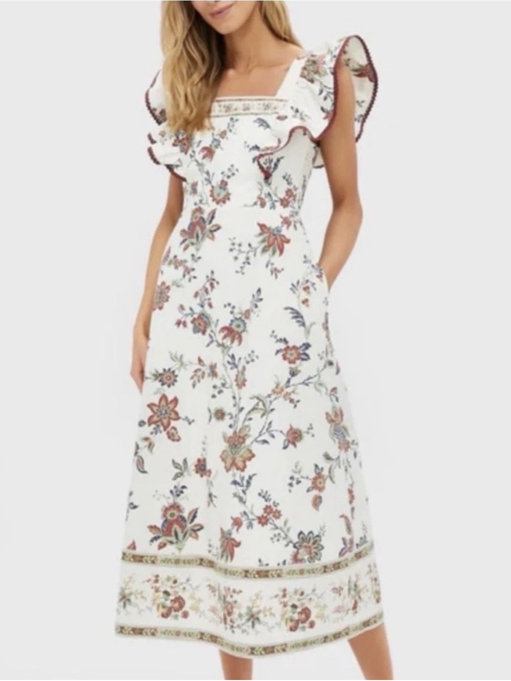 Tuckernuck White Floral Midi Dress with Ruffle Shoulders